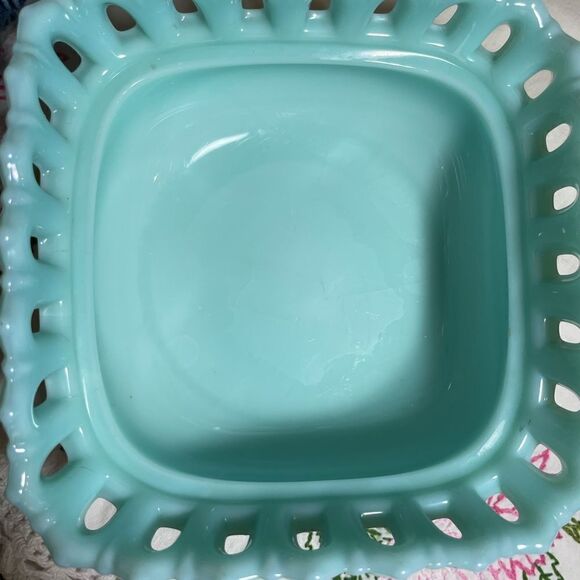 Vintage Rare Fostoria Aqua Turquoise Milk Glass Depression pressed glass dish - Picture 9 of 17